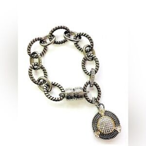 HSN Emma Skye Crystal Accented Steel 2-Tone Disc Charm Oval-Link 8" Bracelet